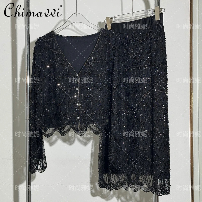 Fashion Fashion Long-sleeved Sequined Pearl Bead Cardigan Womens Top High-waisted Skirt 2-piece 2025 Spring Skirt Sets 260122