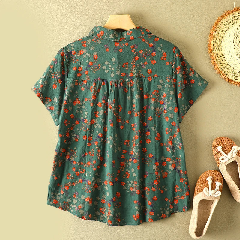 Vintage Floral Print Womens Shirt Summer Fashion Short Sleeve Pocket Loose Casual Blouse Female Comfortable Soft Thin Daily Top 260207
