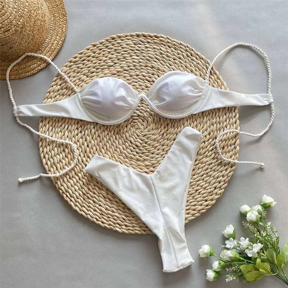 White Push Up Bikini 2025 Women Underwired Swimwear String Swimsuits High Led Cut Bathing Suit Wrinkled Sexy Bikinis Sets mujer C260207