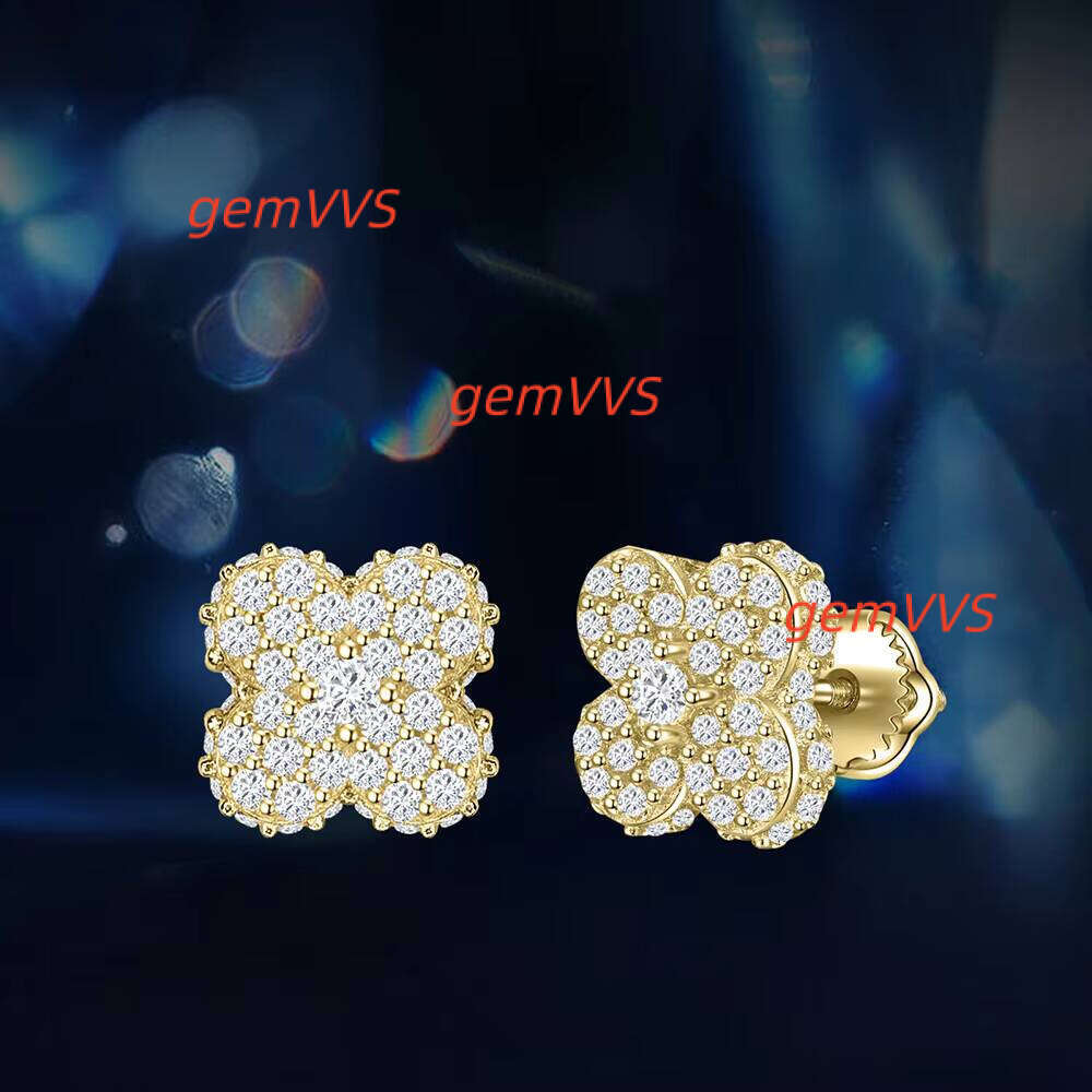 Hot Selling 14K Gold Plated 925 Sterling Silver Fine Stud Earrings Lucky Four-Leaf Clover Shape High-End Jewelry Moissanite