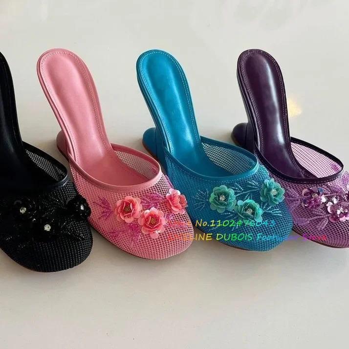 Pink Mesh Sequin Slide Beaded Chinese Slipper Floral Embellished Wedge Heel Slip On Holloe High Summer Pumps 260208