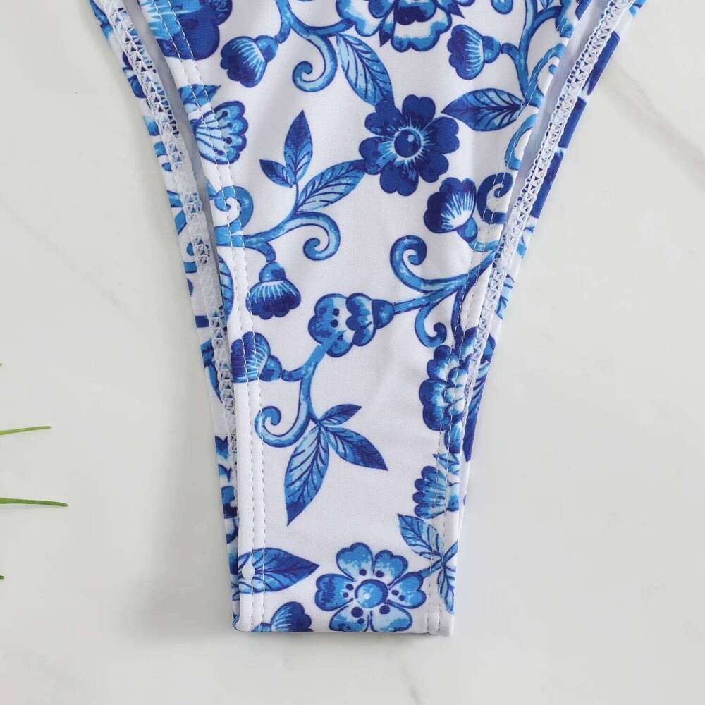 sexy floral print micro blue and white porcelain swimwear swimsuit women biquini thong bikini set bathing suits C260207