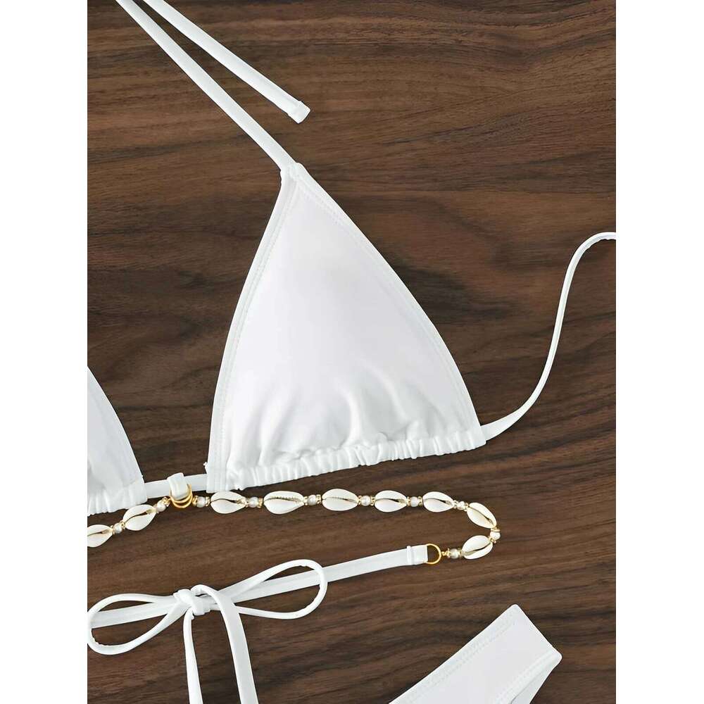 Triangle Bikini Set Decorated With Seashell Swimsuit Women Swimwear Female Sexy Bathers Bathing Swimming Swim Suit Beachwear C260207