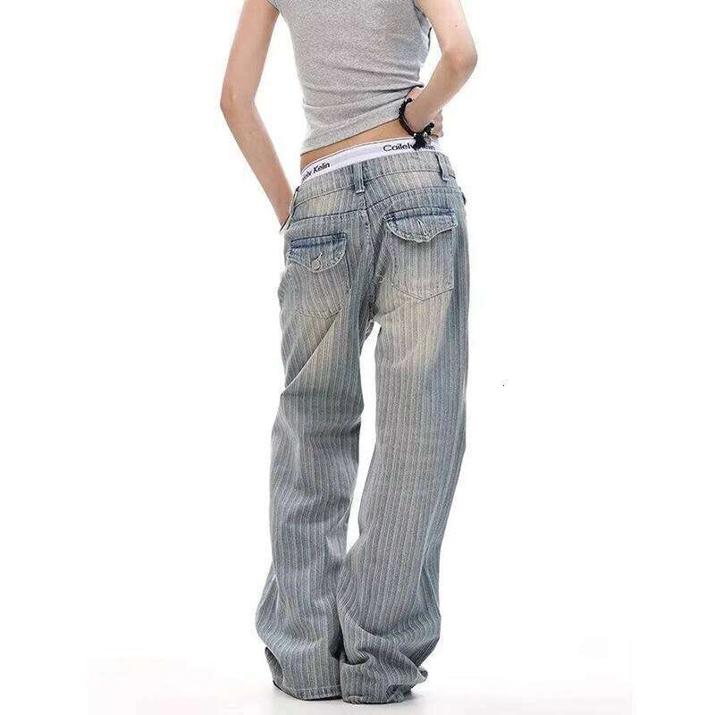 Y2K Baggy Striped Long Denim Jeans Loose High Street Micro Flared Cleanfit Casual Trousers For Womens
