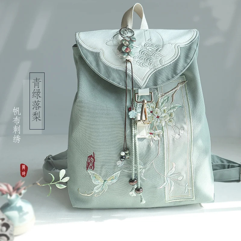 15Inch Retro Chinese Style Backpack Handmade Embroidery Canvas Bag with Zipper Laptop Drawstring Rucksack 260208