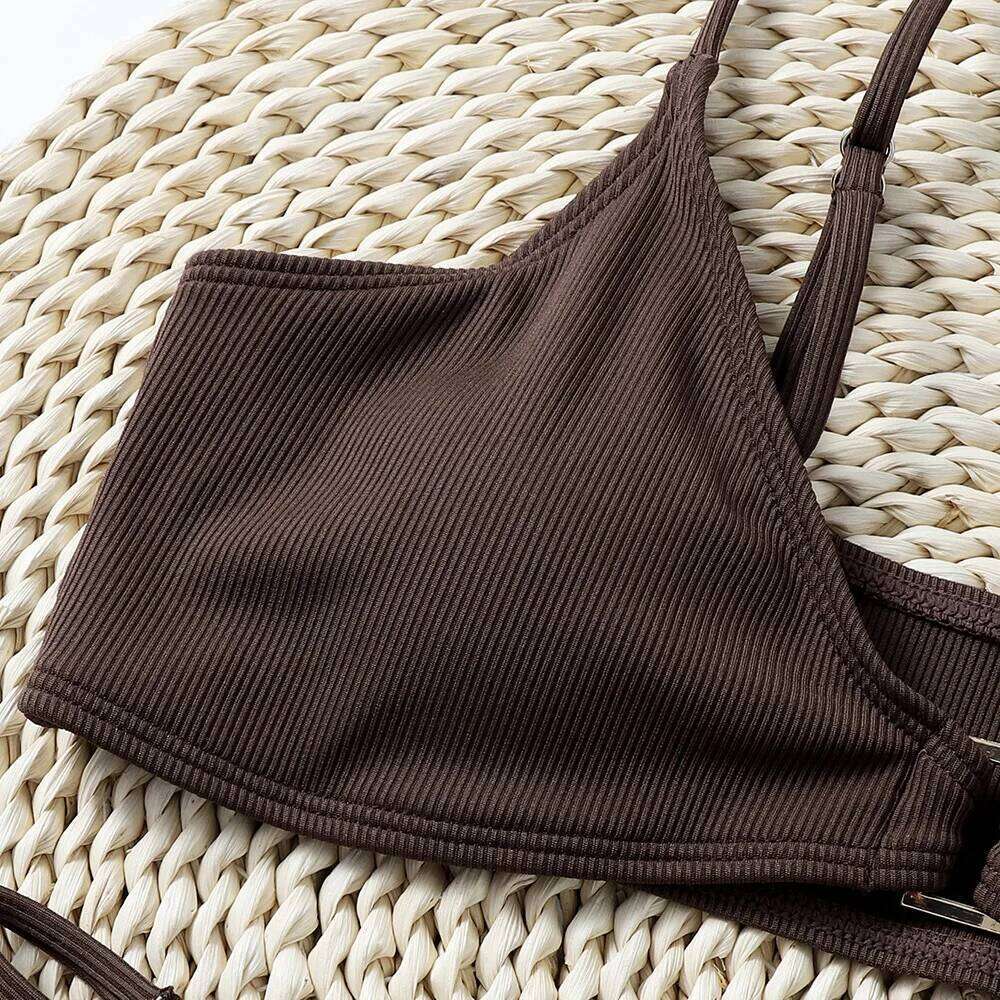 Rib Buckle Linked Thong Bikinis 2025 Women Sexy Swimsuit Solid Swimwear Female Padded Bathing Swimming Suit Beachwear Summer C260207