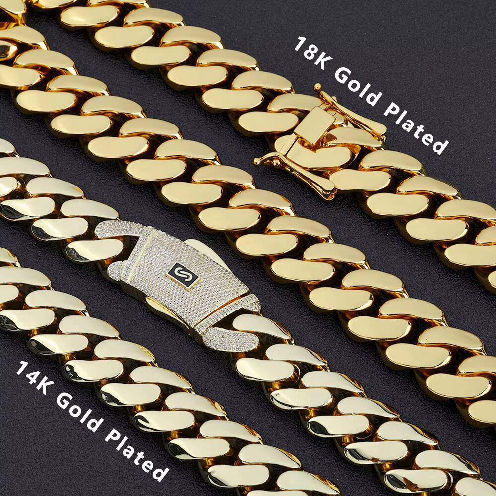 2026 14K/18K Gold Plated Thick Solid Cuban Link Chain Hip Hop Jewelry Iced Diamond Clasp Flat Miami Cuban Link for Men Women