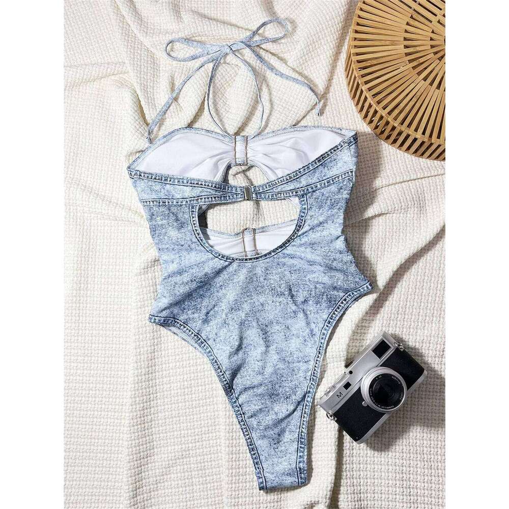 Sexy Hollow Out Twist Bikini Denim Print Halter String Bandeau Swimsuit High Cut Swimwear Women Trend Bathing Suit Beach Biquini C260207