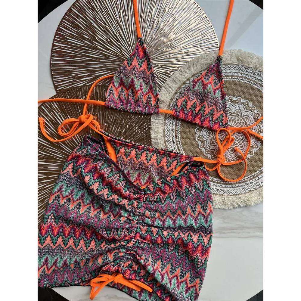 Women Colored Maple Leaves Knitted Skirt Three-Piece Set Split Swimsuit Bikini C260207