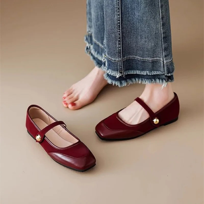 Womens Autumn/Winter Mary Jane Flats - Patchwork Square Toe Single Strap Shallow Cut Flats Elegant Versatile Flat Sole Shoes 260123