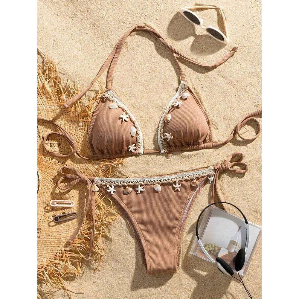 Shell Decoration Ribbed Women Swimwear Female Swimsuit Two-pieces Bikini Set Halter Strappy Bather Bathing Suit Swim Lady C260207