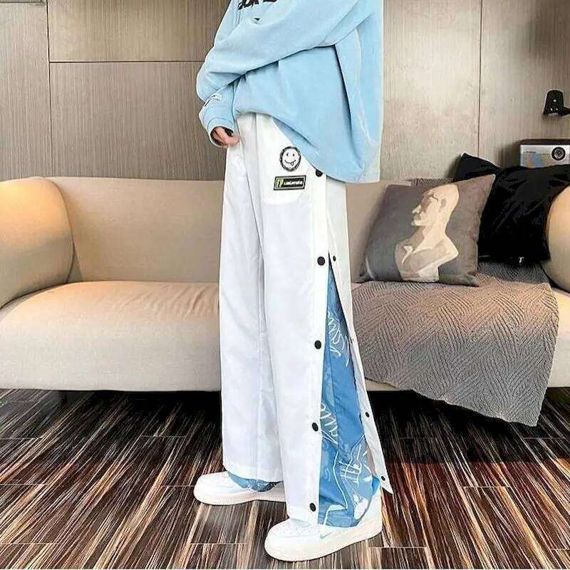 High casual trousers buttoned male gothic loose straight wide leg fake two piece pants high street men's bottoms