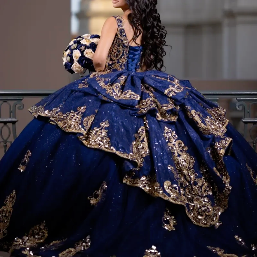 Navy Blue Shiny Quinceanera Dresses Off Shoulder Ball Gown Sweet 16 Dress Beading Gold Applique Bow Tull Birthday Party Vestidos 15 De Anos HR1811
