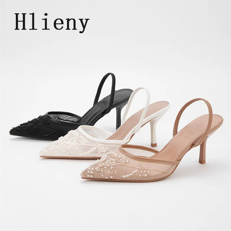 Hlieny White Women Wedding Pumps Mesh Embroidered Flowers Back Strap Sexy Slingback High Heels Dress Shoes Ladies 260208