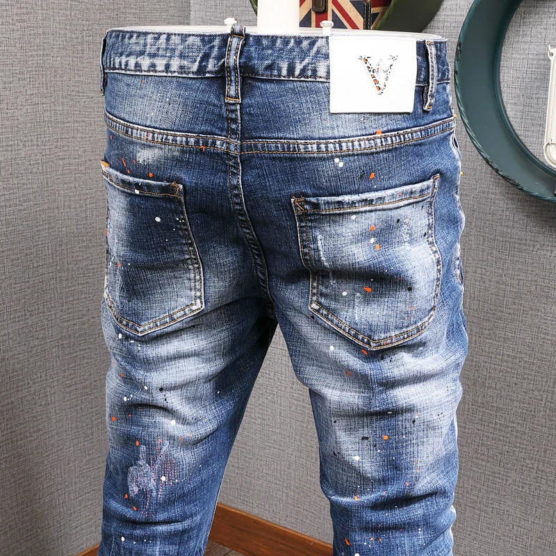 Fashion Streetwear Men Jeans Retro Blue Elastic Slim Fit Ripped Jeans Men Painted Elastic Hip Hop Denim Pencil Pants 260122