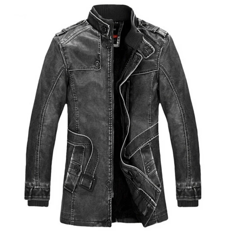 High Quality Leather Jacket Men Slim Warm Washed Motorcycle Biker Jackets Standing Collar Coat Plus size 4XL Long Parkas 260205