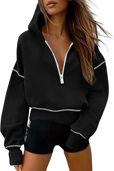2026 Womens Fashion Basic Casual Versatile Comfortable Long Sleeve Pullover Half Zipper Distressed Hooded Sweatshirt Women 260126