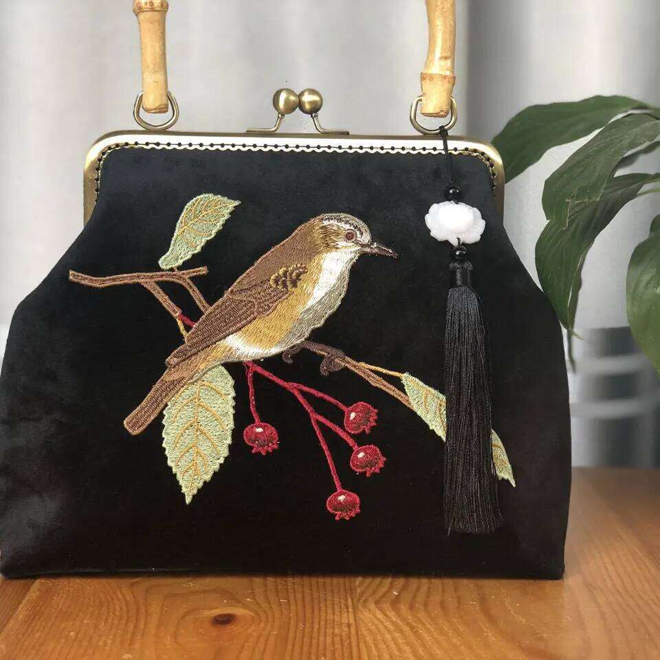 Embroidery Bird Fringe Wood Hand Vintage Fashion Tote Women's Handbags Purses Chain Women Shoulder Crossbody Bag Bags