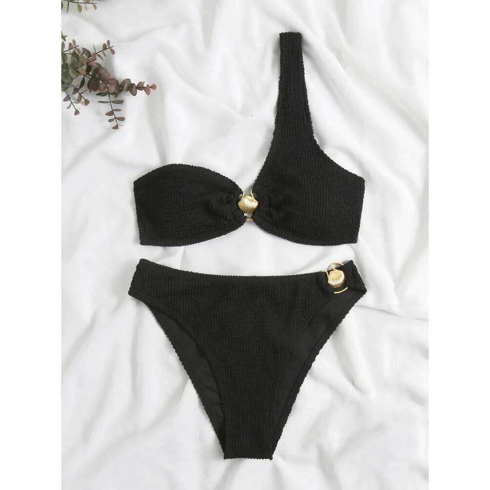 Sexy One Shoulder Shell Bikini High Waist Swimwear 2023 Textured Swimsuit Women Bathing Suits Metal Ring Two-piece Bikinis Set C260207