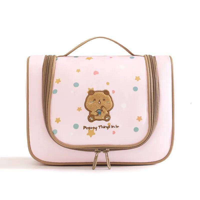 2025Milk tea bear curved cover hook toiletry travel storage cartoon cosmetic bag large capacity Y260206