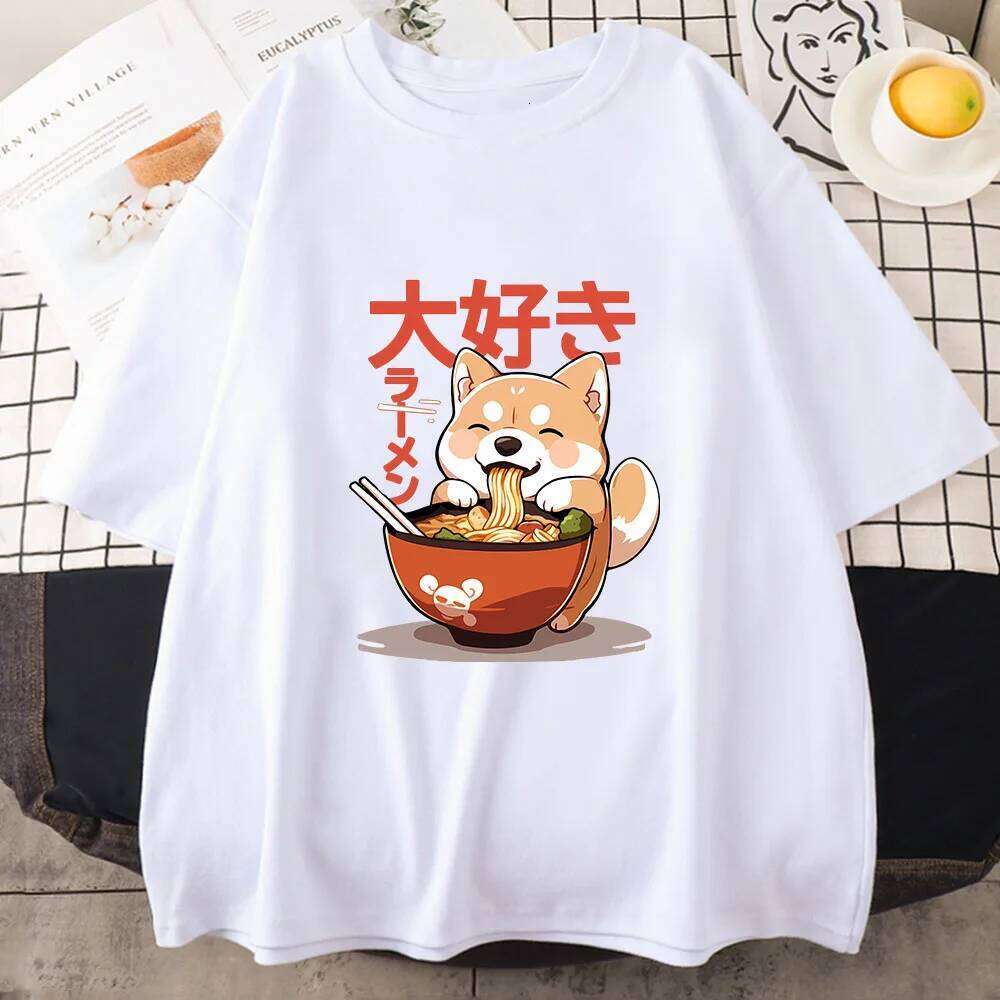 Shiba Inu Enjoying Ramen T-shirts 100% Cotton High Quality Summer Tee-shirt Casual Women/Men Kawaii Tshirt Cute Girls Shirts C260207