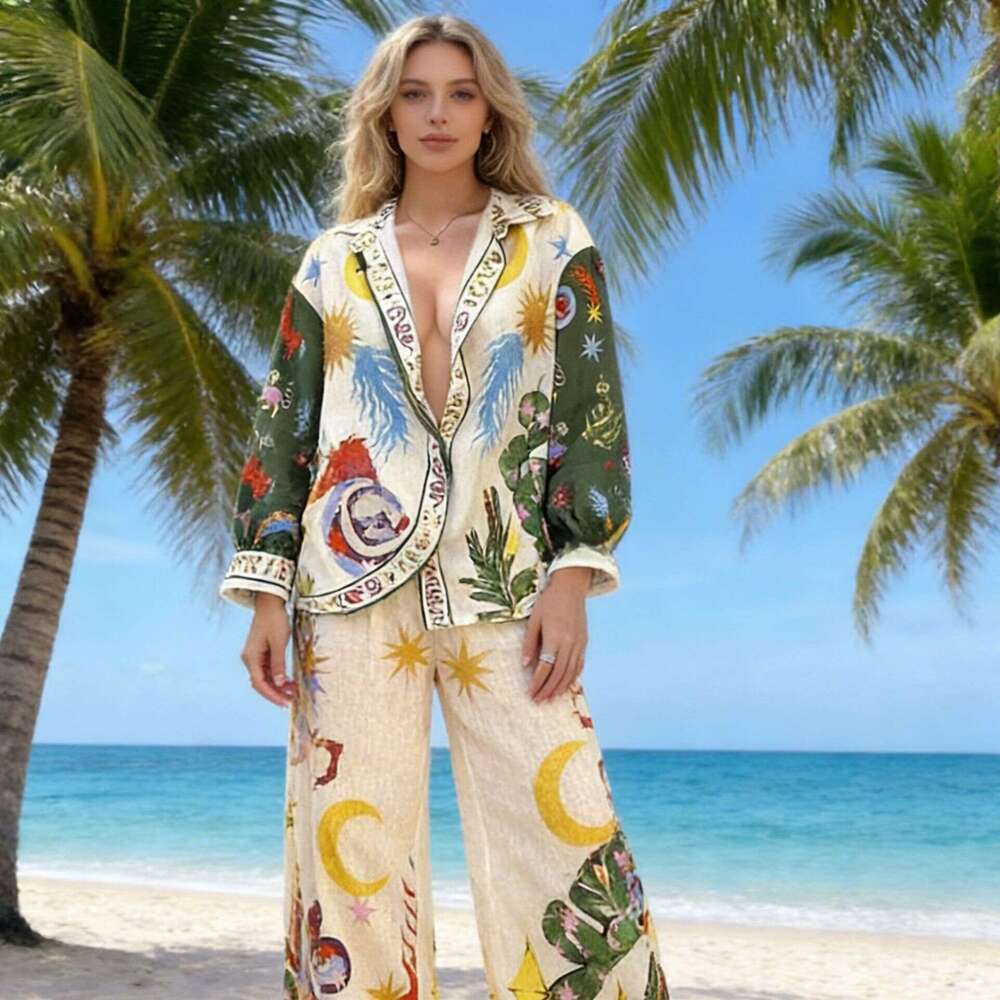 Spring Summer New Printed Cardigan Long Loose Fitting Light Luxury Two Piece Fashion Casual Suit European And American Cross Border Womens Clothing Lu
