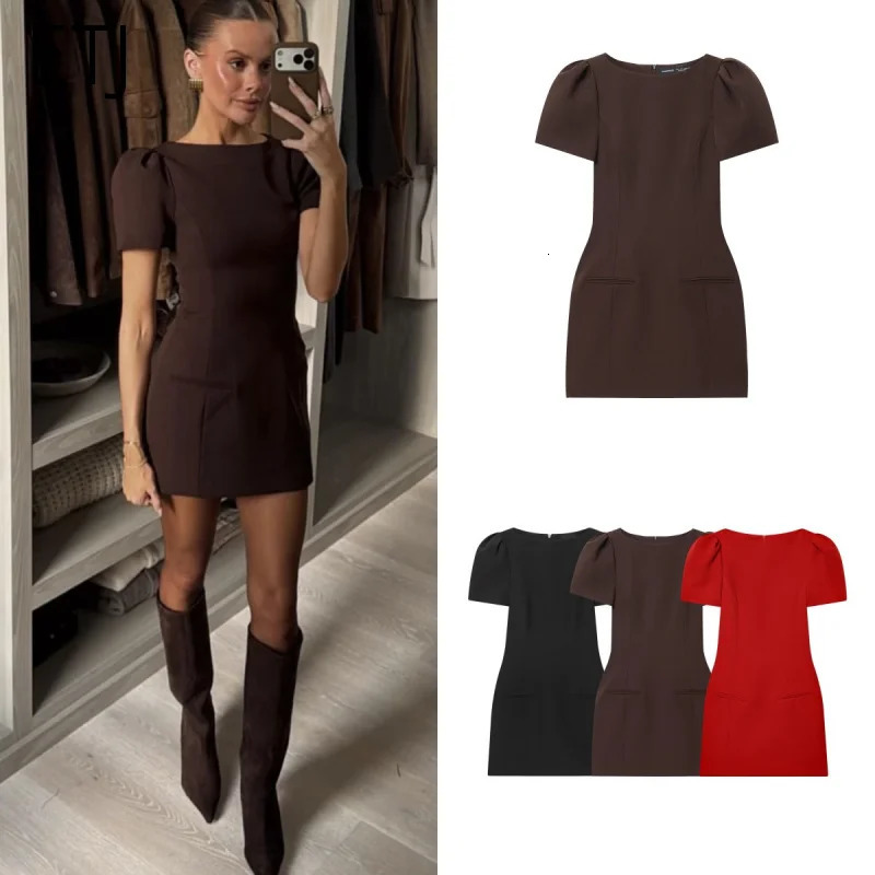 ETJ 2025 womens products are elegant and stylish Short dress with a boat neck and short sleeves with pleats black dress 260122
