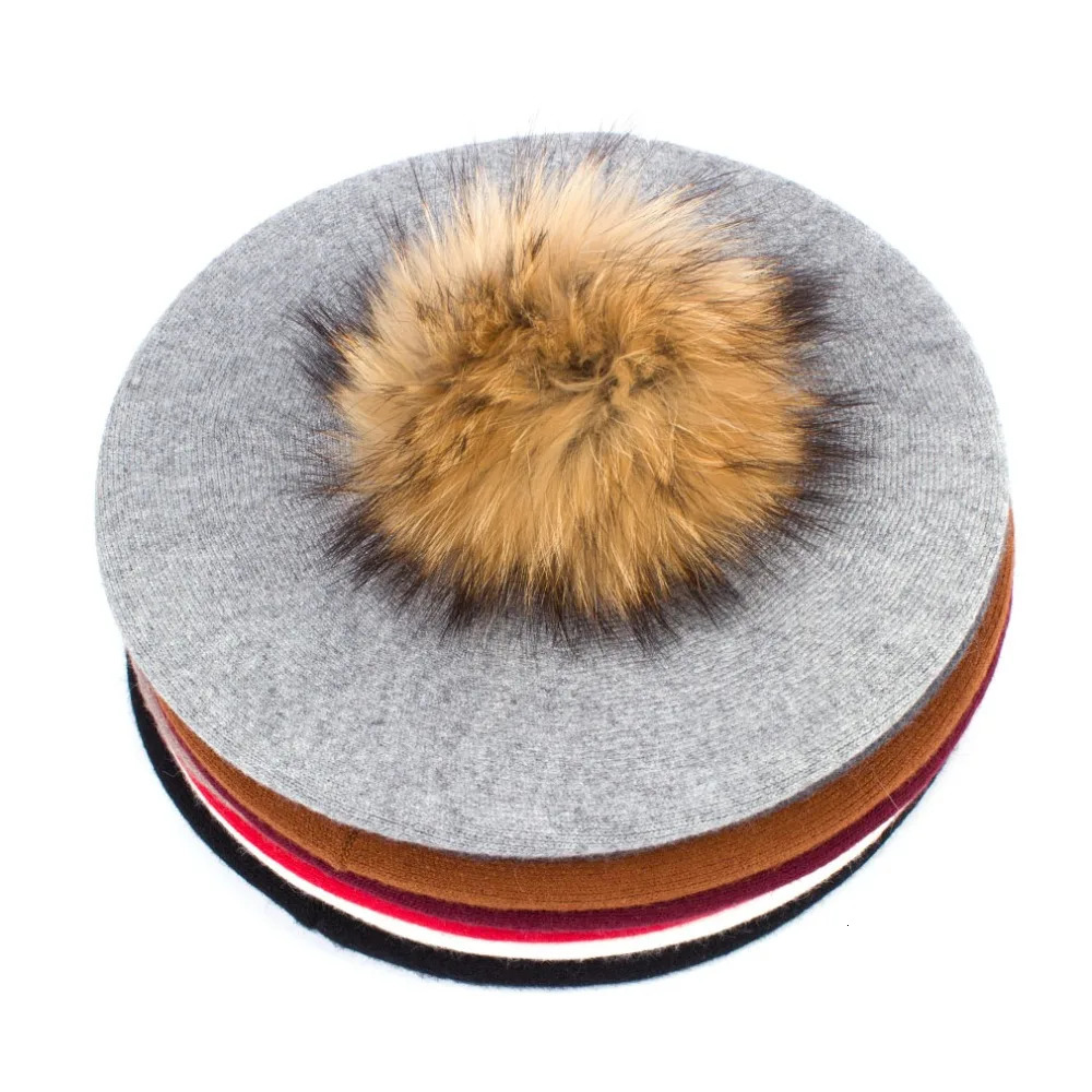 Geebro Women Berets Hat Winter Casual Knitted Wool Berets With Natural Raccoon Fur Pompon Ladies Solid Color Beret Hats GS110 260205