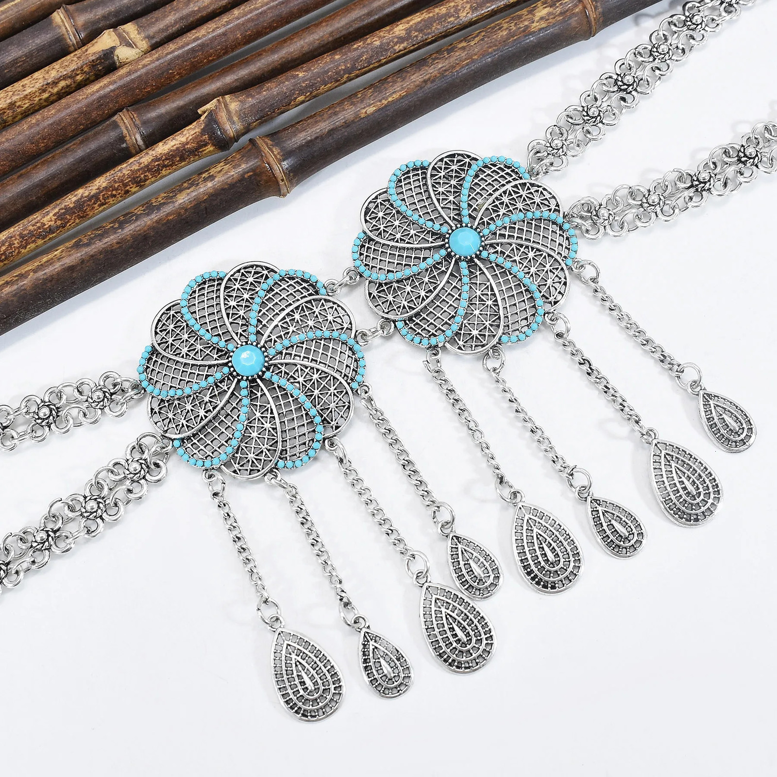 Vintage Silver Coin Tassel Waterdrop Pendant Waist Belly Chains Arab Gypsy Ethnic Tribe Belt Turquoise Beads Jewelry Accessory 260107