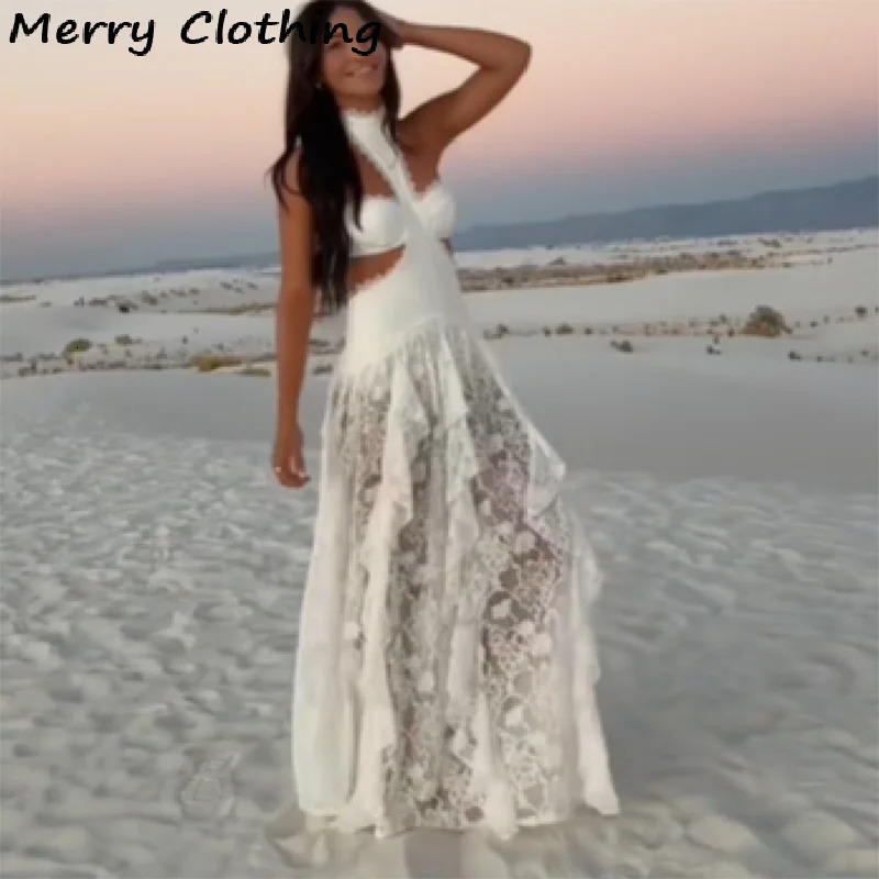 Sexy Lace Patchwork Dress Women Hollow Out Sleeveless Party Club Long Skirt See Through Halter Evening Gown Vacation Lady Robes 260122