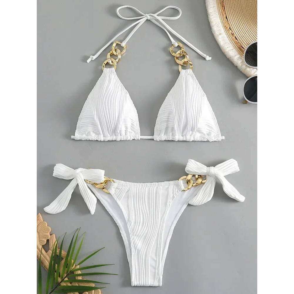 Halter Metal Rings Bikinis Wrinkled Female Swimsuit Women Swimwear Two-pieces Bikini Set High Cut Bathing Suit Swim Lady C260207