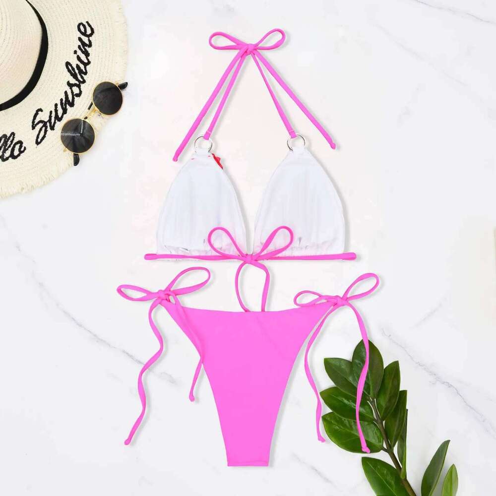 sexy 3D pearl flower halter string bikinis sets two pieces patchwork back tie padded thong swimwear female bathing suit biquini C260207