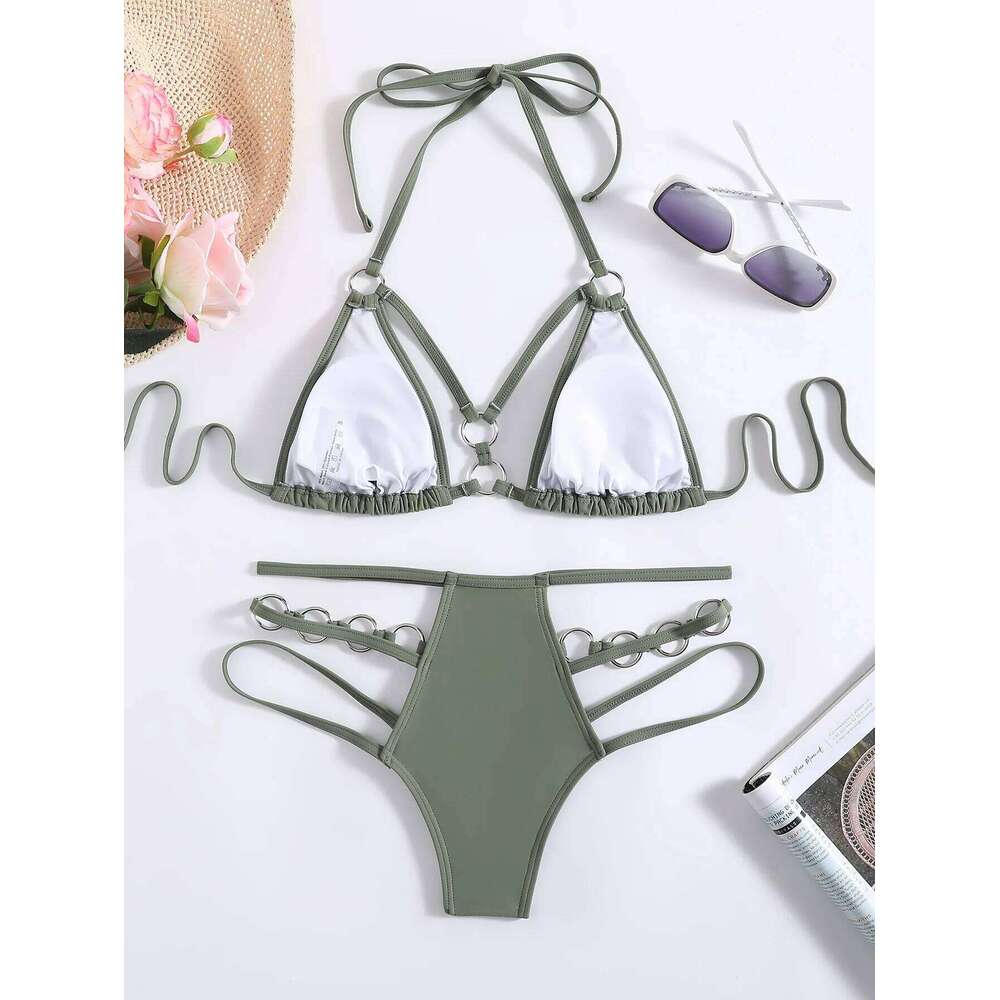 sexy army green push up ring bikinis sets two pieces high waist padded bathing suit beach wear women thong bikini swimsuits C260207