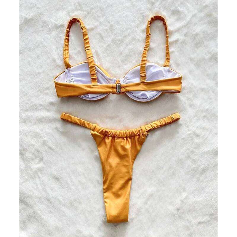 Trendy Pleated Micro Swimsuit Women Sexy Suspender G-string Split Bikini Set Summer 2025 New Spice Girl Beachwear 2 Piece C260207