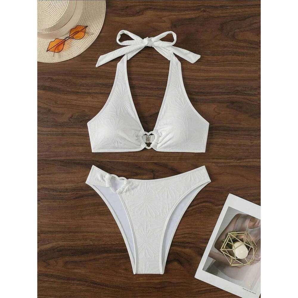 Floral Jacquard Heart Bikini White Y2K Triangle Halter Bandage Push Up Swimsuit Tanga Women Backless Vacation Swimwear Beach Set C260207