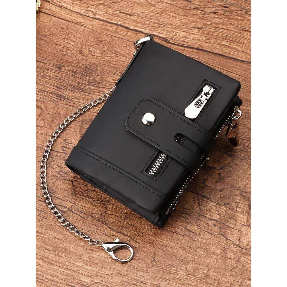 Western RFID Blocking Cowhide Leather Three Floded Chain Men Belt Large Capacity Card Slots Coin Purse for Mens Y260206