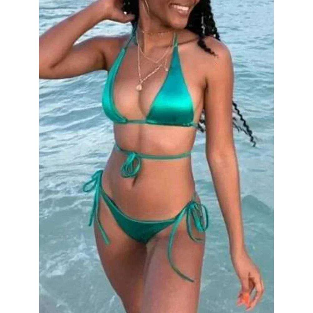 Wrap Around Halter Metallic Satin Women Swimwear Female Swimsuit Two-pieces Bikini Set Brazilian Bathing Suit Swim Lady C260207