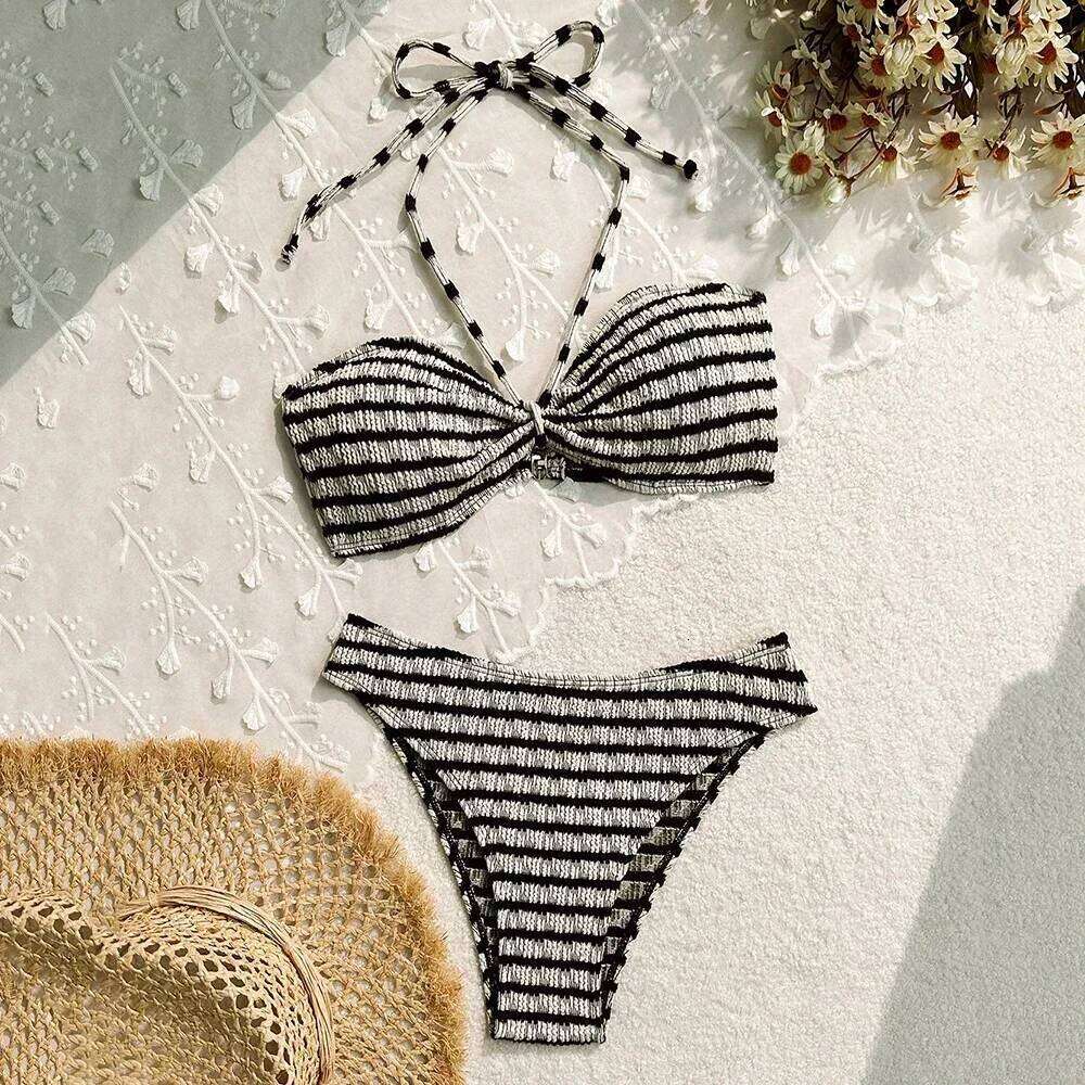 Striped Print String Halter Bandeau Bikinis Sets 2025 Sexy Swimsuit Women Ruched Swimwear Bathing Suit Brazilian Bikini Mujer C260207