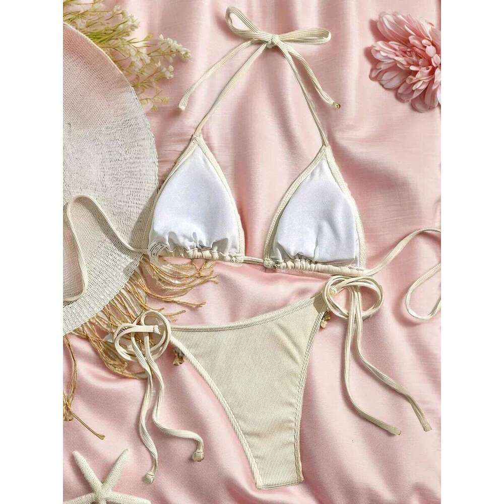 Shell Decoration Ribbed Women Swimwear Female Swimsuit Two-pieces Bikini Set Halter Strappy Bather Bathing Suit Swim Lady C260207