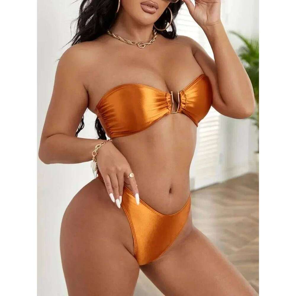 Bandeau Bikinis 2025 Strapless Satin Female Swimsuit Women Swimwear Two-pieces Bikini Set High Cut Bathing Suit Swim Lady C260207
