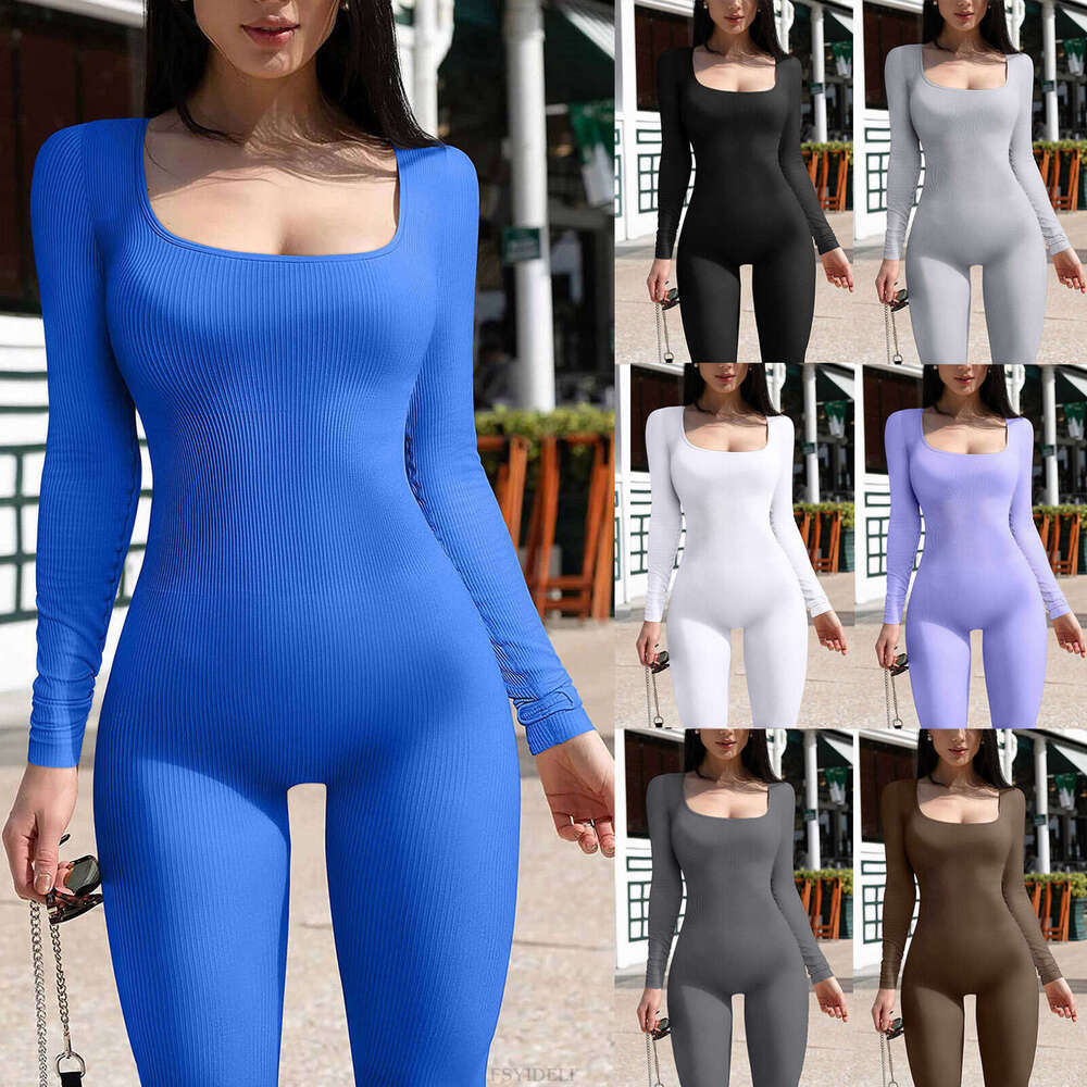 European American foreign trade women s jumpsuit spring and autumn ribbed square neck hip lifting slim fit sexy luanyun