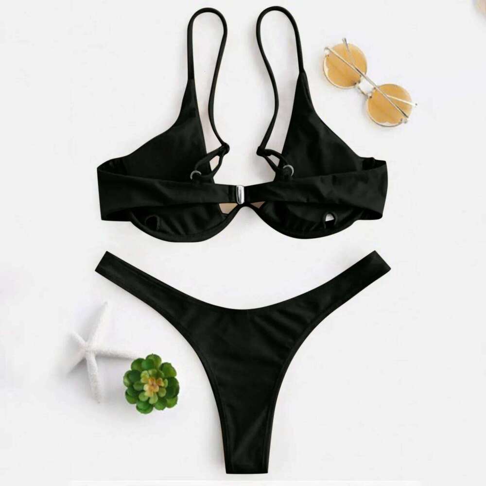 Sexy Underwire Bikini 2024 Mujer Women Solid Red Push Up Bra Swimsuit Halter V Neck Bathing Suit Mini Micro Thong Swimwear C260207