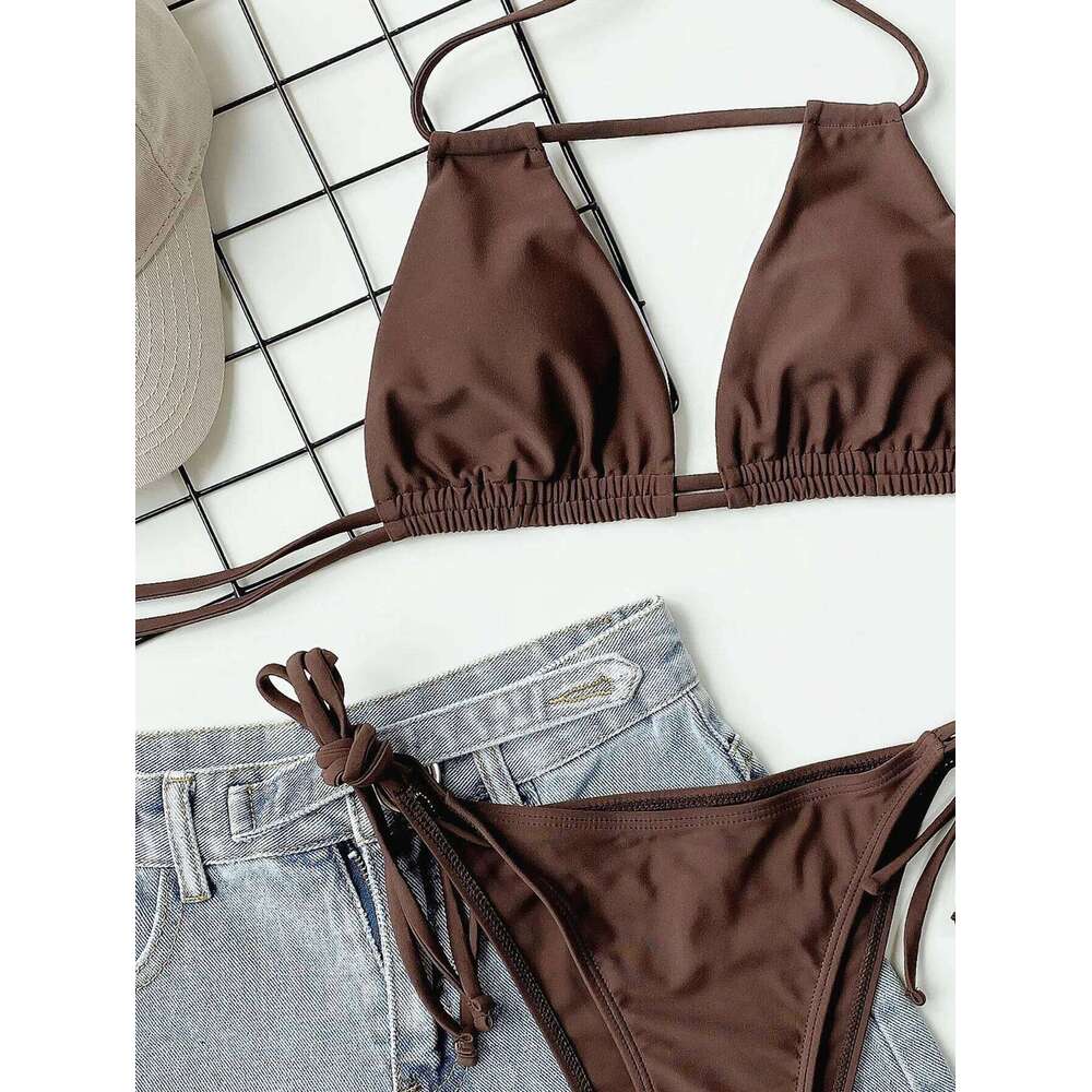 2025 Sexy Solid Bandage Halter Strappy Swimwear Women Swimsuit Female Two Pieces Bikini Set Low Waist Bathing Suit Bather C260207