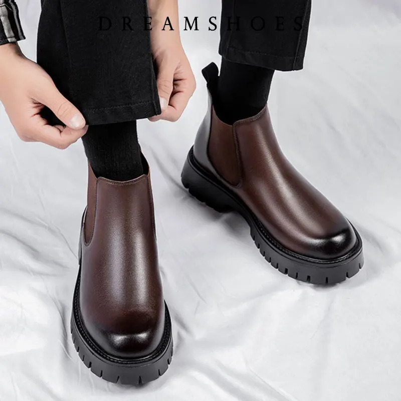 2025 British Style High Top Mens Chelsea Boots Increase Height Classic Elastic Band Men Autumn Winter Shoes 260208