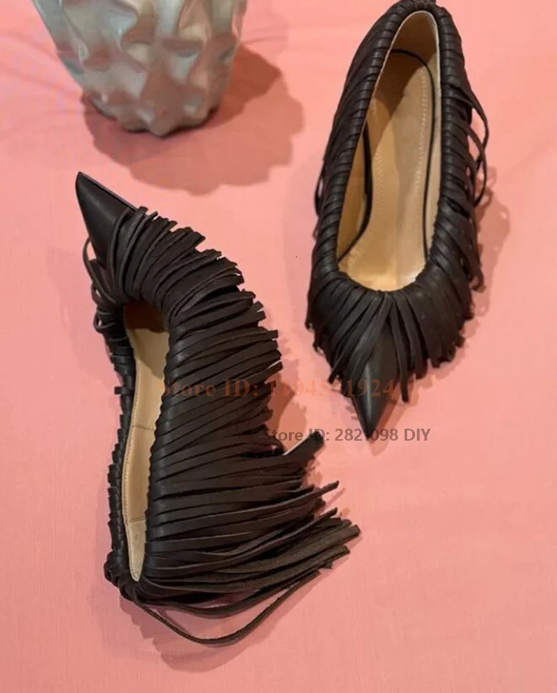 Wine Red Leather Tassel Thin Heeled Stiletto Pointed Toe Pump Fringe Fashion Party Shoes 260208