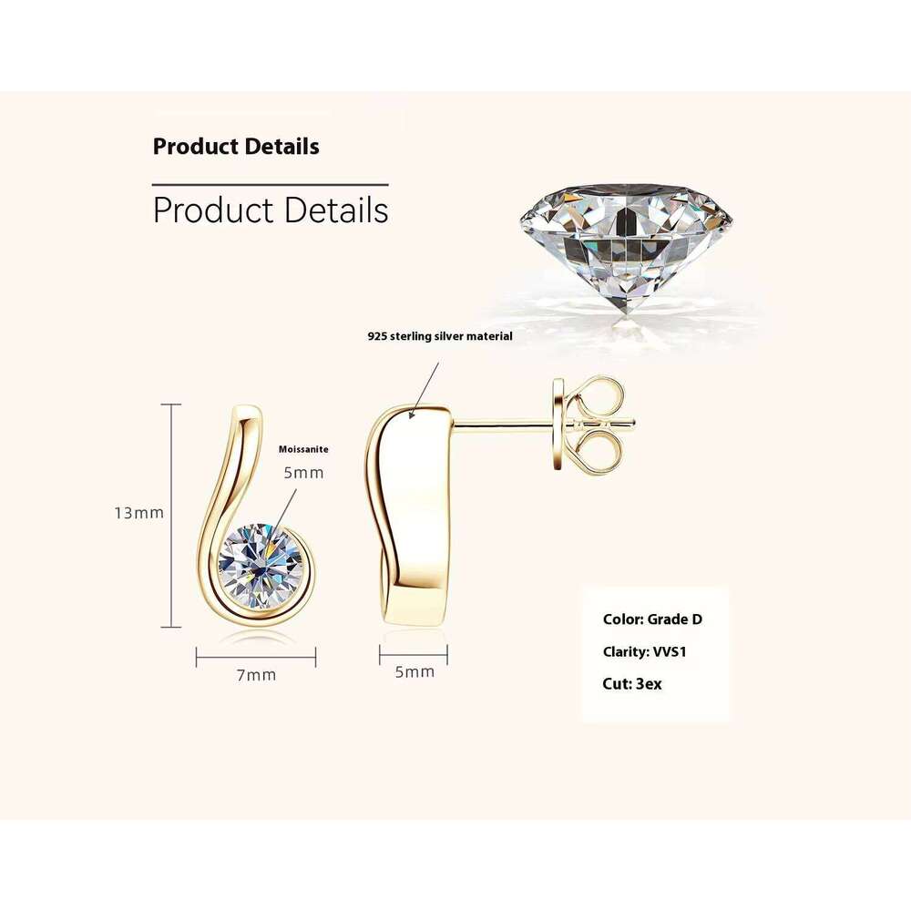 Korean-Style High-Level Design S925 White Silver Jewelry Female Niche Simple Moissanite Earrings Rhodium Gold Plated Jewellry