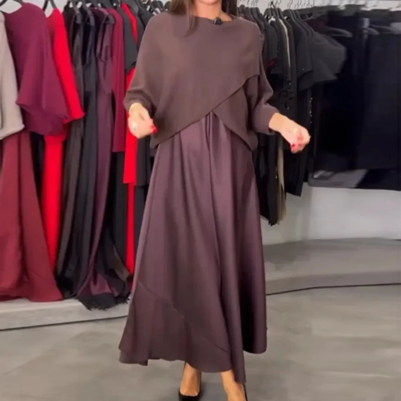 Fashionable Cross Tops Patchwork Satin Dress Two Piece Dresses Women Elegant O Neck Half Sleeve Loose Boho Long Mujer 260127