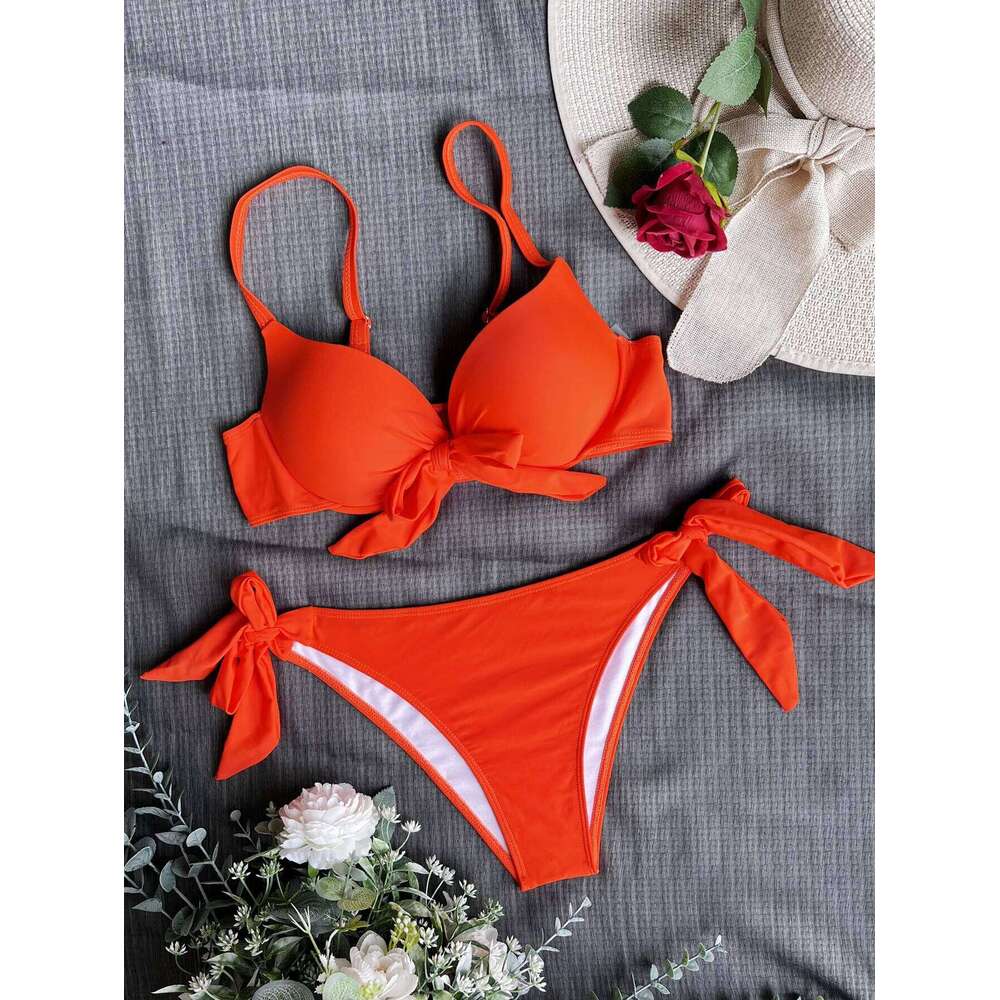 sexy front bow knot push up bikinis two pieces solid tie swimsuit Swimwear Biquini conjunto de bikini tankini C260207