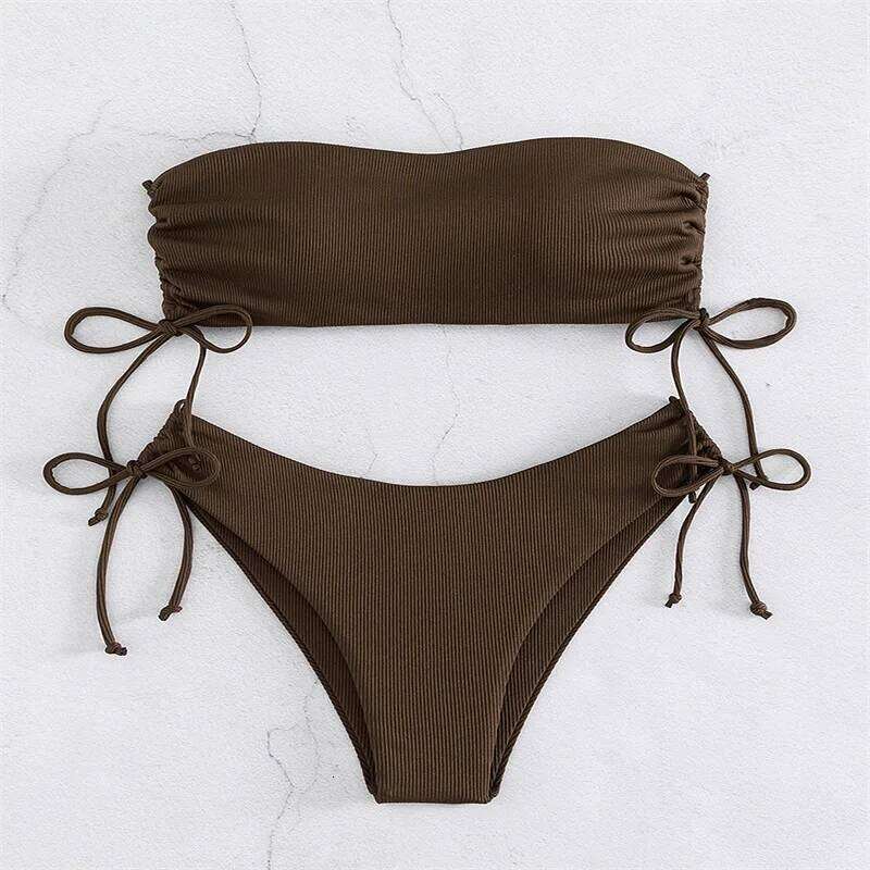 New Sexy Bandeau Bikini Set Bandage Lace Up Women Swimsuit Two-piece Solid Swimwear High Waist Brazilian Beach Bathing Suit C260207