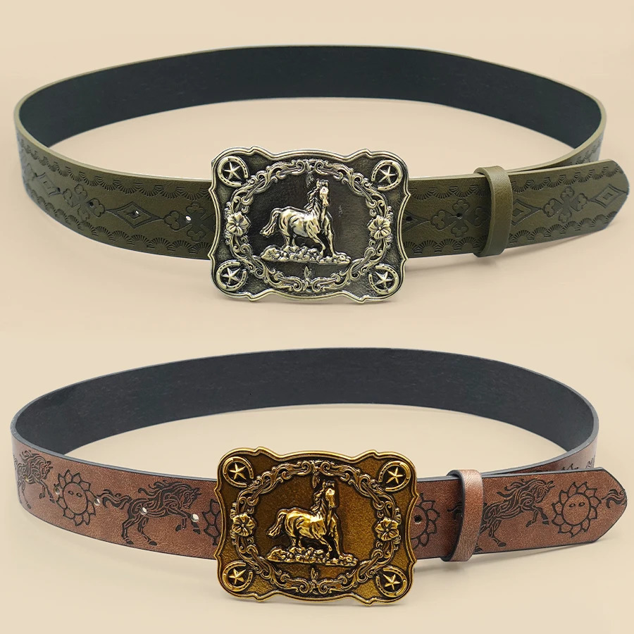 Western Cowboy Style Street Belt - Equestrian Carved Vintage Print Waistband for Daily Wear Commute Casual Outfits 260124